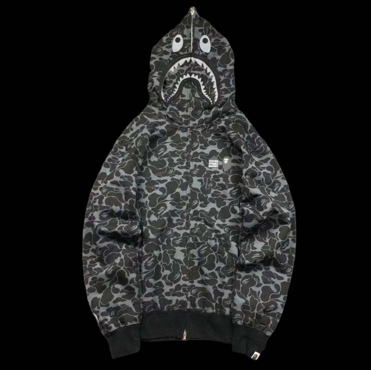 BAPE X DOVER STREET MARKET SPECIAL CAMO SHARK FULL ZIP HOODIE BLACK
