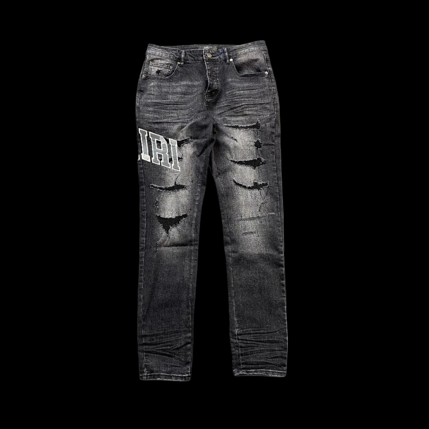 AMIRI VARSITY LOGO REPAIR JEANS