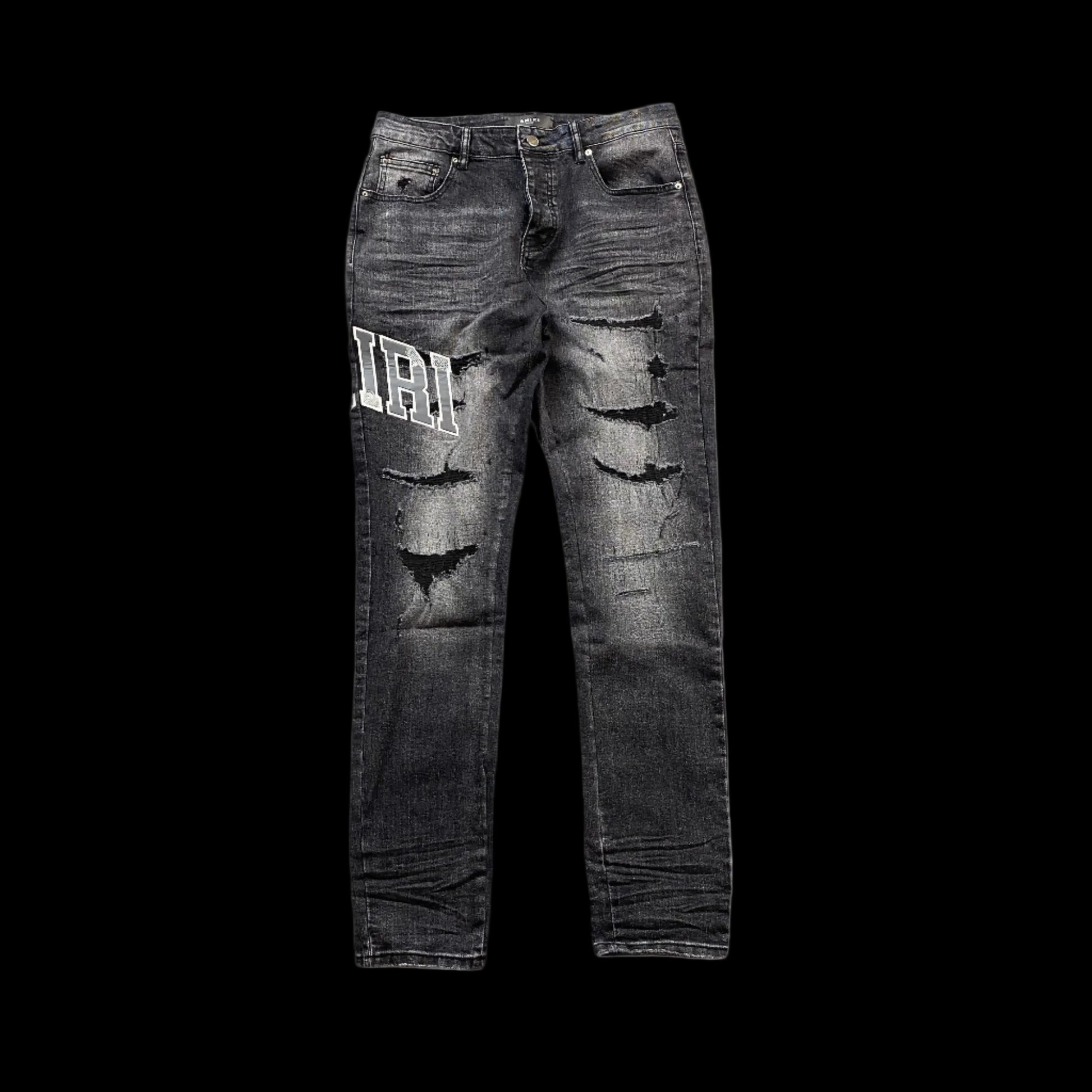 AMIRI VARSITY LOGO REPAIR JEANS