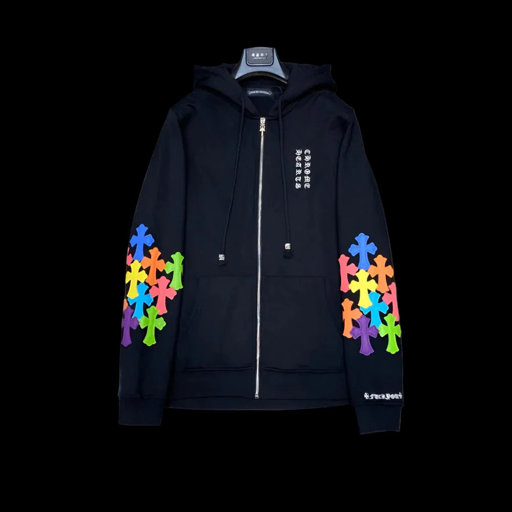 CHROME HEARTS MULTICOLOR CROSS PATCH ZIPPER HOODIE BLACK